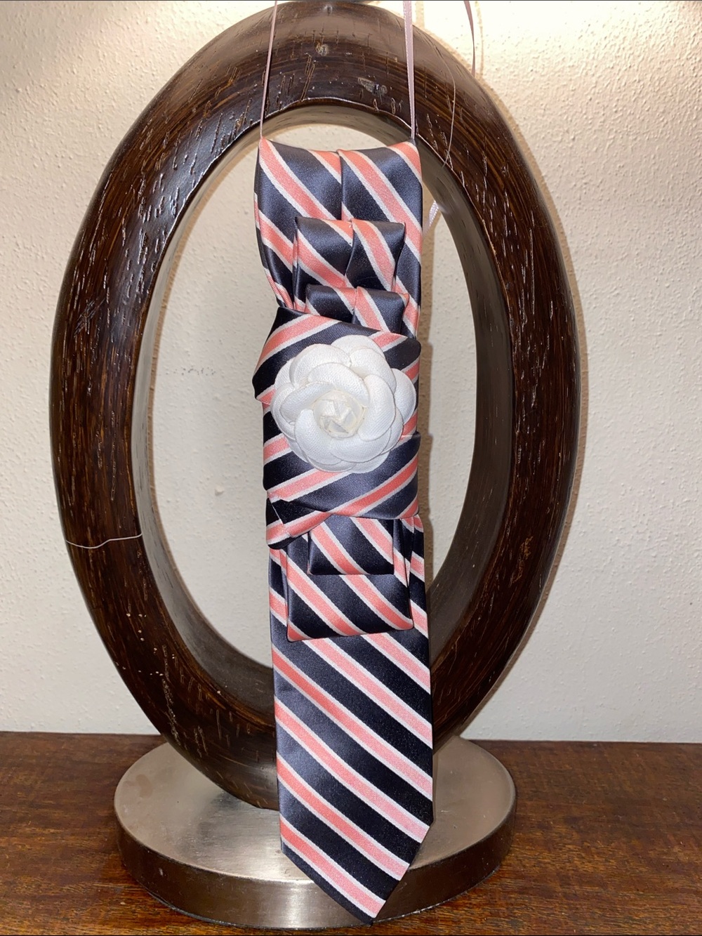 Upcycled- Striped Pink Black White Necktie with White Flower Pin & satin ribbon